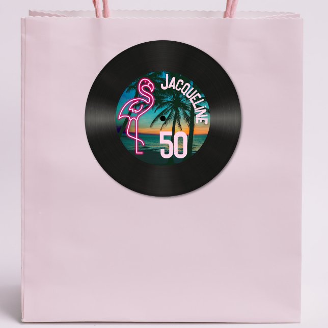 Sticker Rond Retro Record Tropical Neon Flamant rose 50e annive (Créateur téléchargé)
