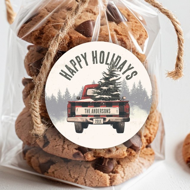 Sticker Rond Retro Red Plaid Camion de Noël personnalisé Nom de (Make your presents extra special with our retro red plaid Christmas truck gift stickers! Featuring y)