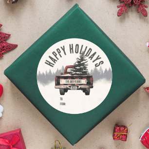 Sticker Rond Retro Red Plaid Camion de Noël personnalisé Nom de