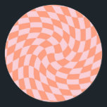 Sticker Rond Retro Rhubarb Pastel Chèques déroutés À damiers<br><div class="desc">Parfait coussin design dépoli à damiers aux couleurs pastel,  plein de grandes vibes. Motif moderne de vérificateurs déformés. Ce joli design rétro psychédélique vous emmène au pays des merveilles. Chèques déformés aux couleurs pastel. Twirl et les contrôles tourbillonnants,  à damiers motif</div>
