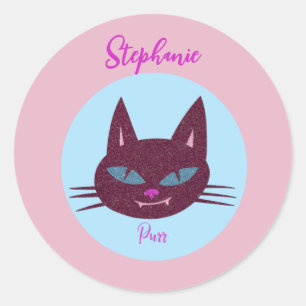 Sticker Rond Rétro rose et bleu Purring Kitty