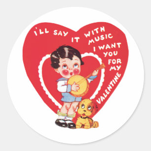 Sticker Rond Retro Saint-Valentin, musique de garçon vintage au