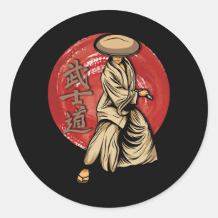 Sticker Rond Retro Samurai Warrior with Katana - Japanese