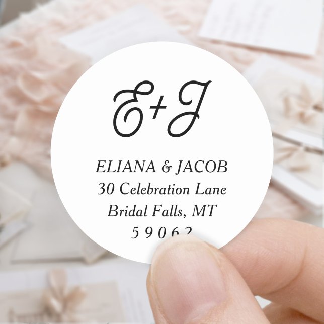 Sticker Rond Rétro Script Monogramme Mariage Arrondi Adresse de (Créateur téléchargé)