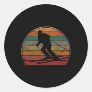 Sticker Rond Retro Skier Coucher de soleil Cadeau Ski d'hiver S