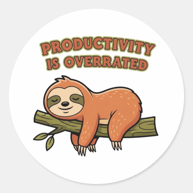 Sticker Rond Retro Sloth Productivity Is Overrated Vinyl Sticke (Devant)