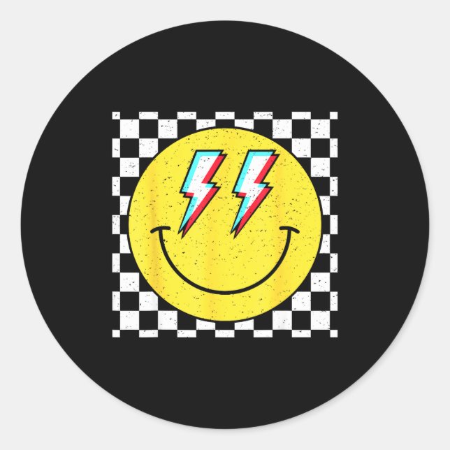 Sticker Rond Retro Smile Face Checkered Pattern Preppy Happy Fa (Devant)