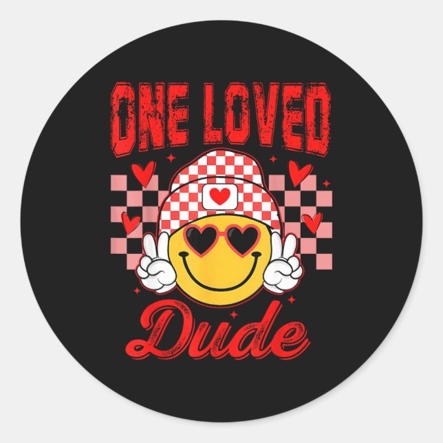 Sticker Rond Retro Smile Face One Loved Dude Valentines Day Men (Devant)