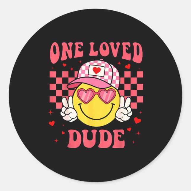 Sticker Rond Retro Smile Face One Loved Dude Valentines Day Men (Devant)