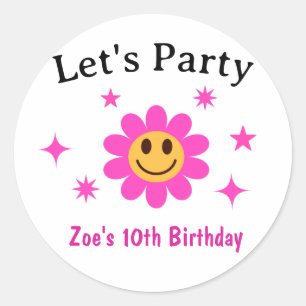 Sticker Rond Retro souriant Fille Fleur Rose Anniversaire