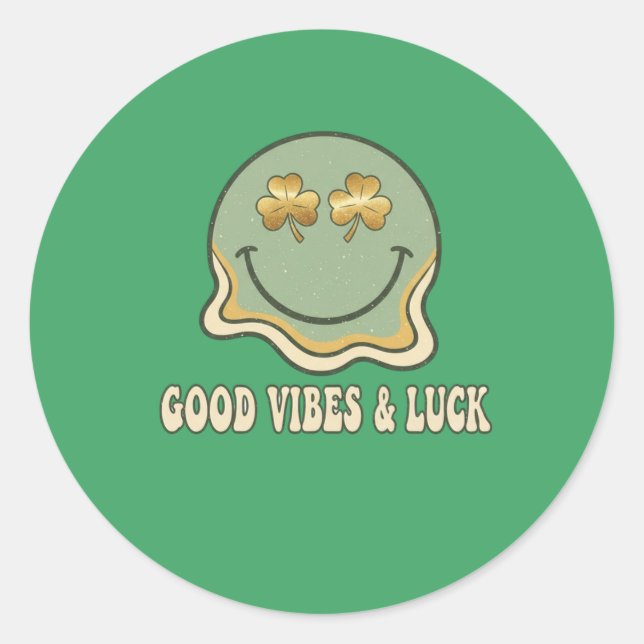 Sticker Rond Retro St. Patrick's Day Good Vibes & Luck Smiley  (Devant)