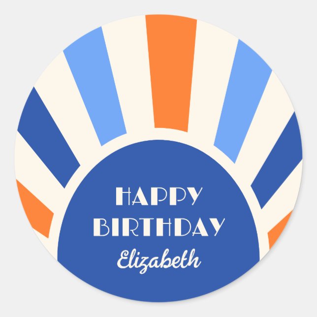 Sticker Rond Retro Sunburst Arch Typographie Anniversaire Bleu (Devant)