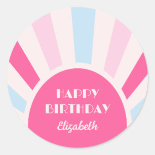 Sticker Rond Retro Sunburst Arch Typographie Anniversaire rose