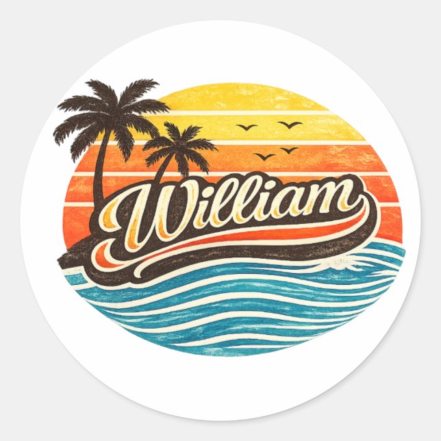 Sticker Rond Retro Sunset Palm Tree Name Art – William (Devant)