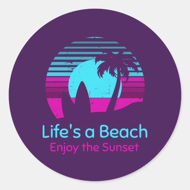Sticker Rond Retro Sunset Surfboard Palm Tree Life's a Beach (Devant)