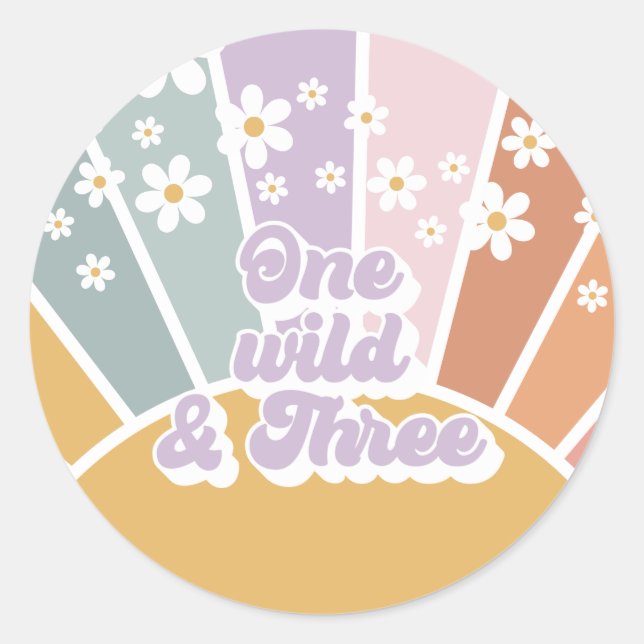Sticker Rond Retro Sunshine Rainbow Daisy One Wild Three (Devant)