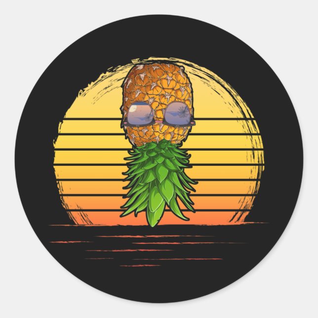 Sticker Rond Retro Swinger Upside Down Pineapple Sunset Horizon (Devant)