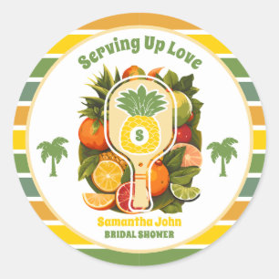 Sticker Rond Retro Tropicale Ananas Pickleball Shower de Mariée
