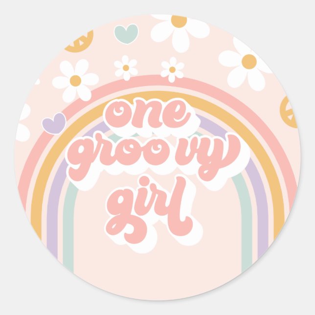 Sticker Rond Retro Une Fille Groovy Anniversaire Arc-en-Ciel (Devant)