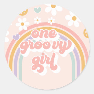 Sticker Rond Retro Une Fille Groovy Anniversaire Arc-en-Ciel