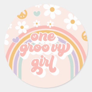 Sticker Rond Retro Une Fille Groovy Anniversaire Arc-en-ciel