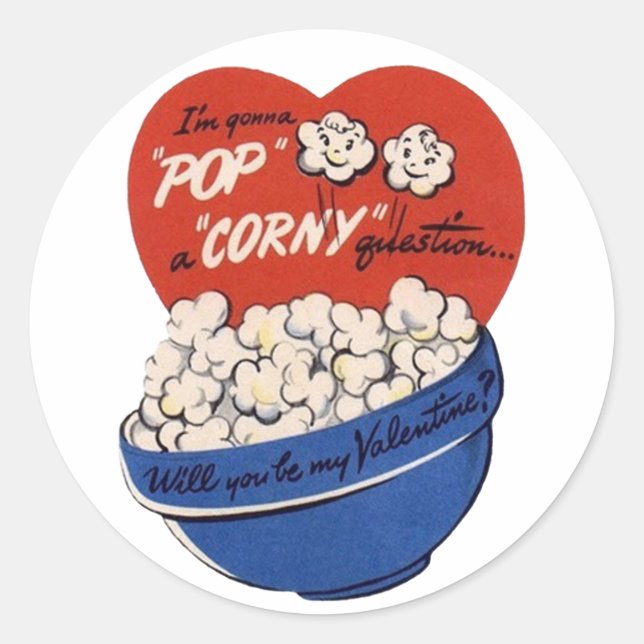 Sticker Rond Retro Valentines Day, Popcorn Pop a Corny Question (Devant)