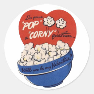 Sticker Rond Retro Valentines Day, Popcorn Pop a Corny Question