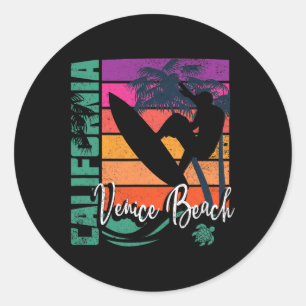 Sticker Rond Rétro Venice Beach Californie Tortue de mer Surf B