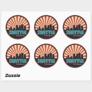 Sticker Rond Retro Vintage Seattle Washington State Skyline 80