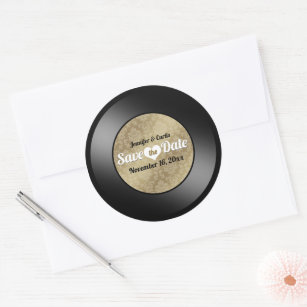 Sticker Rond Retro Vinyl Record Wedding Enregistrer la Date Cla