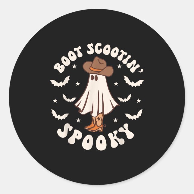 Sticker Rond Retro Western Halloween Cute Ghost Funny Boot Scoo (Devant)
