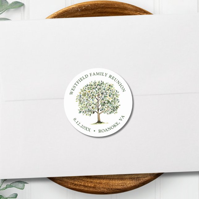 Sticker Rond Réunion de famille Arbre aquarelle de bois (Family Reunion Woodland Watercolor Tree Envelope Seal Classic Round Sticker)