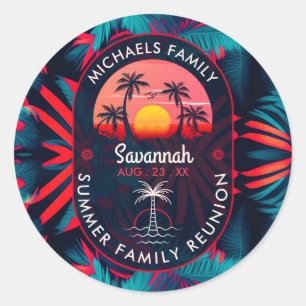 Sticker Rond Réunion en famille Summer Sunset Beach Palmier