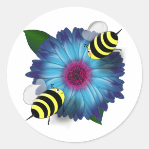 Sticker Rond Réunion sur les abeilles de miel sur les fleurs bl