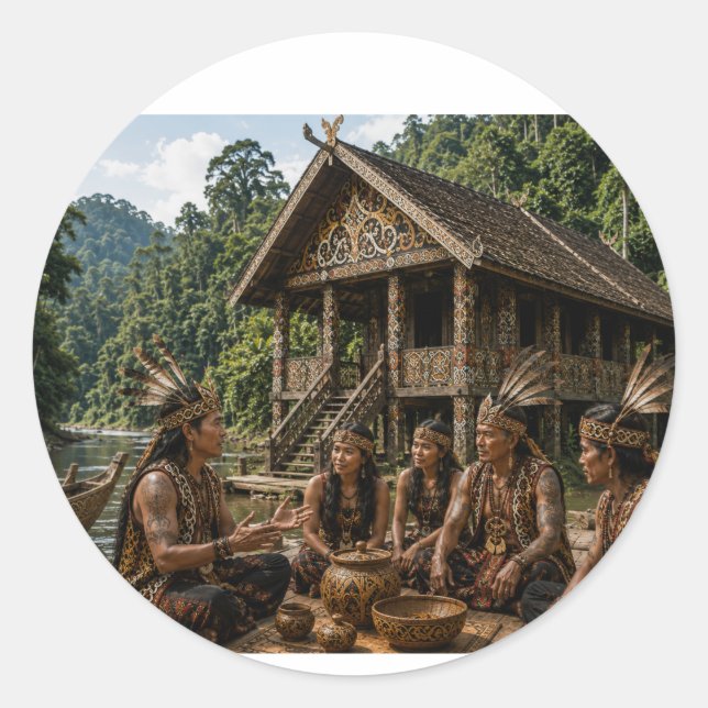 STICKER ROND RÉUNION TRIBALE DAYAK À LA LONGUE MAISON TRADITION (Devant)