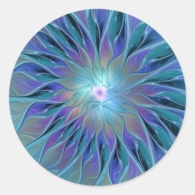 Sticker Rond Rêve de fleur violette bleue Art fractal abstrait (Devant)