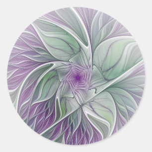 Sticker Rond Rêve de fleurs, Abstrait violet vert Fractal Art