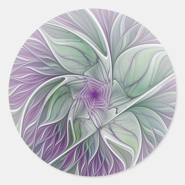 Sticker Rond Rêve de fleurs, Abstrait violet vert Fractal Art (Devant)