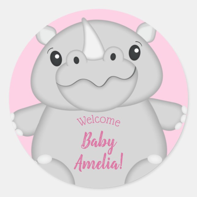 Sticker Rond Rhino Baby shower Safari Rose fille (Devant)