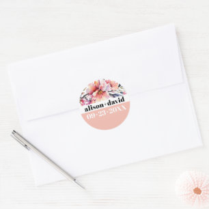 Sticker Rond Rhododendron, typographie grasse rose pêche mariag