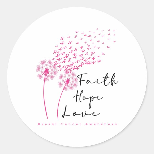 Sticker Rond Ribbon Dandelion Foi Espoir Amour Cancer du sein (Devant)