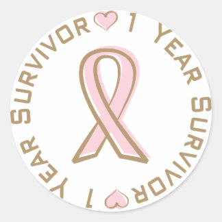 Sticker Rond Ribbon rose Cancer du sein Survivant 1 an