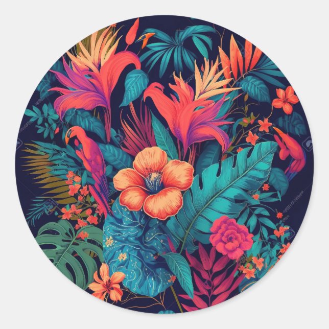 Sticker Rond Riche modèle floral tropical (Devant)