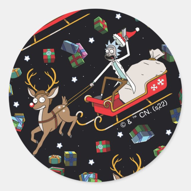Sticker Rond Rick and Morty | Christmas Reindeer Sleigh Pattern (Devant)
