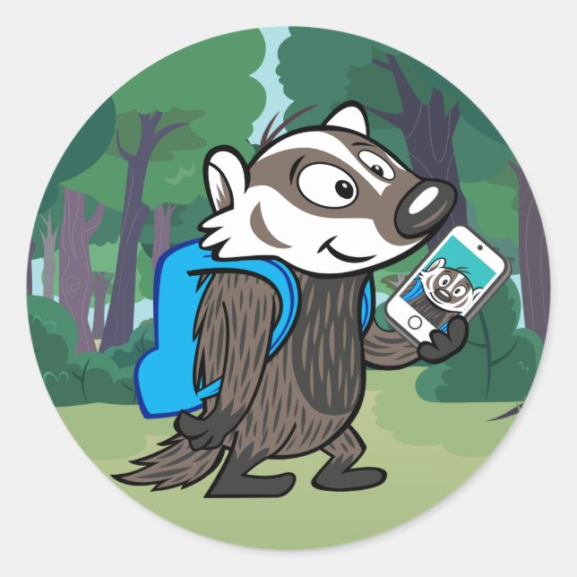 Sticker Rond Ricky Raccoon | Selfie Badger Boomer (Devant)