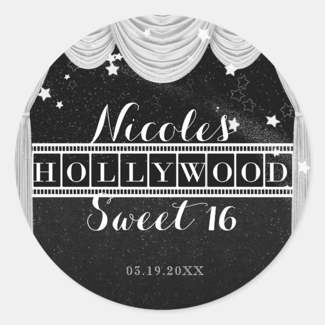 Sticker Rond Rideaux HOLLYWOOD noir et blanc Faveur de fête (Devant)