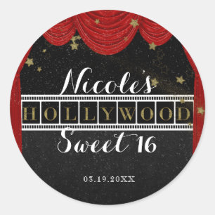 Sticker Rond Rideaux rouges HOLLYWOOD et faveur de fête personn