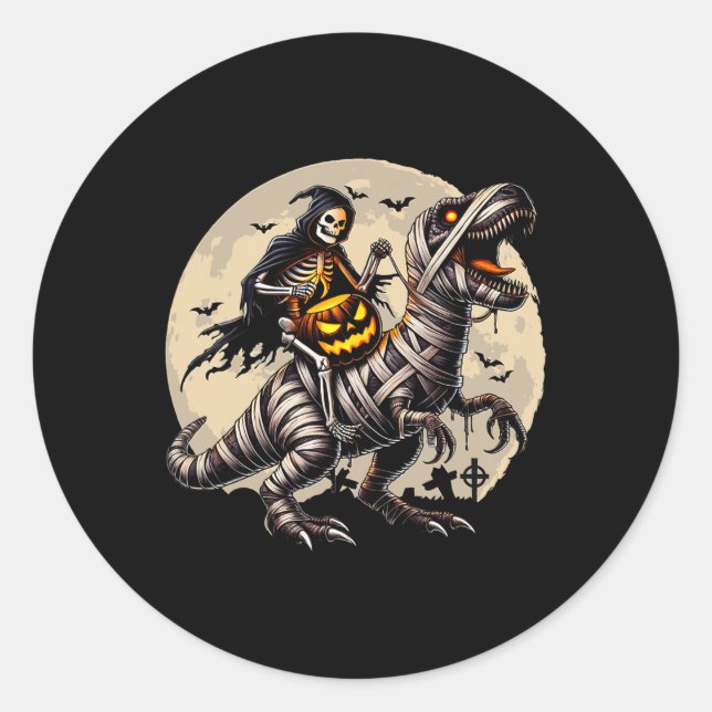 Sticker Rond Riding Mummy Dinosaur T Rex Citrouille Funny Hallo (Devant)