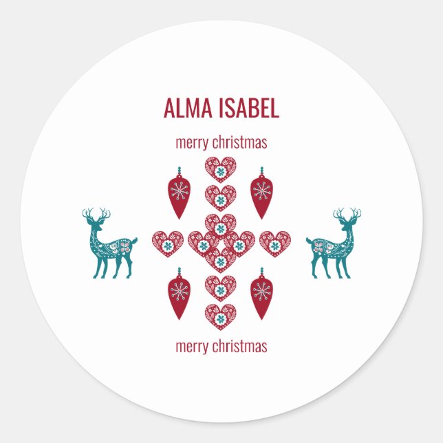 Sticker Rond Rindeer Coeurs Scandinaves Personnaliser le nom No (Devant)