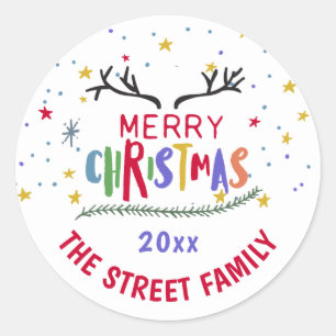 Sticker Rond Rindeer coloré Antler et les étoiles Joyeux Noël